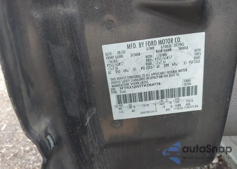 2007 Ford F-150 Stx/Xl/Xlt из США, поврежденный, VIN 1FTRX12W77KD64778